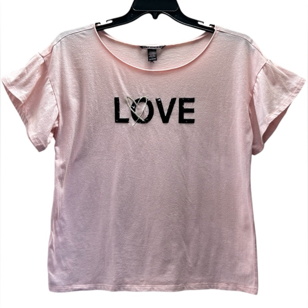 Victoria’s Secret Pink Black Sequins Embellished LOVE Tee Sleep Shirt Size L - Picture 3 of 9